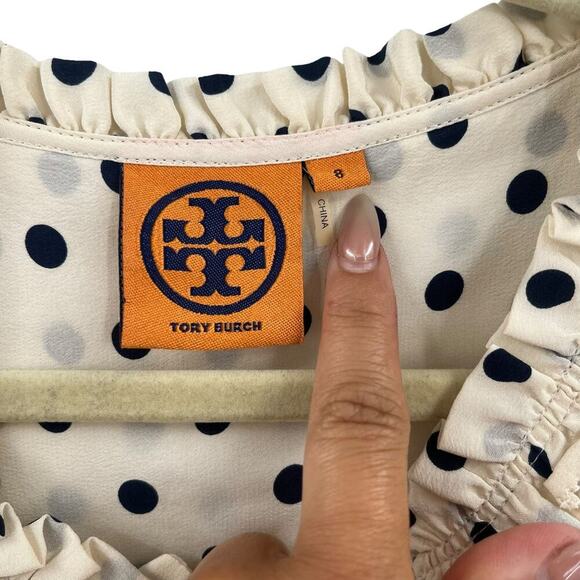 TORY BURCH Graham Tapioca Monde Dress Cream Black Polka Dot Snap Belted Size 8 - Picture 13 of 15